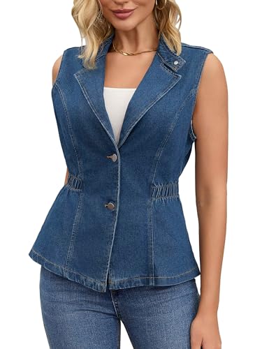 Women's Denim Vest Button Down V Neck Elastic Waist Waistcoat Sleeveless Jean Jacket