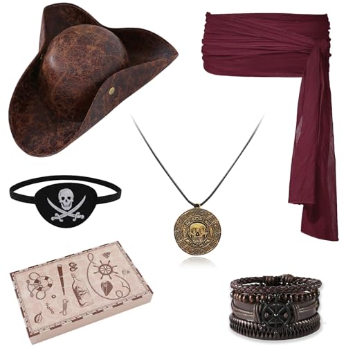 Pirate Hat and Accessories Set with Eye Patch Necklace Sash Leather Bracelets for Men Women Pirate Costume Halloween Cosplay Renaissance Outfit