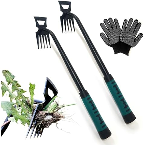 MINGRI Weed Puller Tool, Portable Garden Weeder Tool, Weed Remover Tool, Hand Weeding Tool with Gloves, Manganese Steel Forged Hand Weeder, Uprooting Weeding Tool (5 Tines- 2Pack) Cover