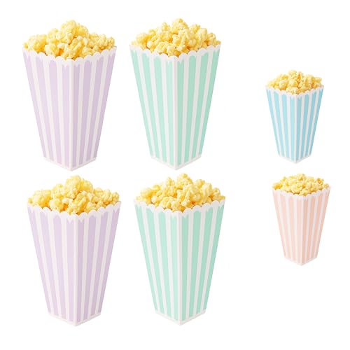 Paquete de 4 recipientes reutilizables para palomitas de maíz, cada caja tiene capacidad para 60 g de palomitas de maíz clásicas a rayas de colores aleatorios, ideal para noches de cine en familia