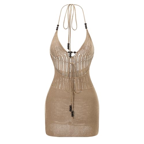 Image of Women Y2k Backless Halter Mini Dress Summer Knit Crochet Cutout Bodycon Party Beach Dress