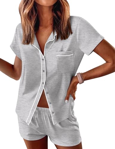 Image of Ekouaer Womens Pajama Sets Button Down Lounge Set 2 Piece Loungewear Soft Sleepwear Short Sleeve Pjs with Pockets