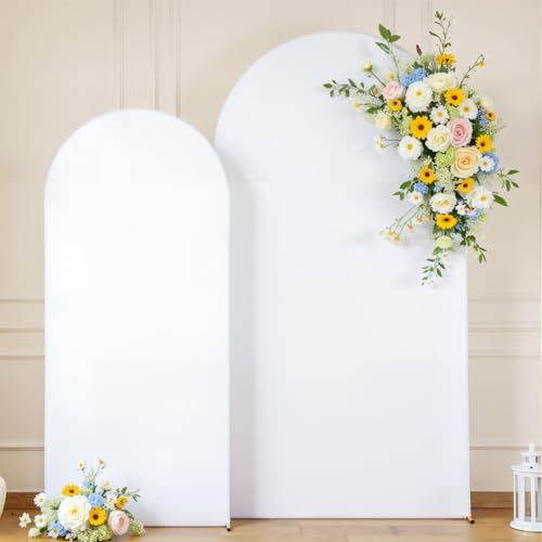 Image of White Arch Backdrop Cover for Wedding, Set of 2 Stretchy Spandex Fitted Arch Stand Cover for Baby Shower, Birthday Party Decor, Chiara Backdrop Cover with Double-Sided Design(7.2FT 6FT, White)