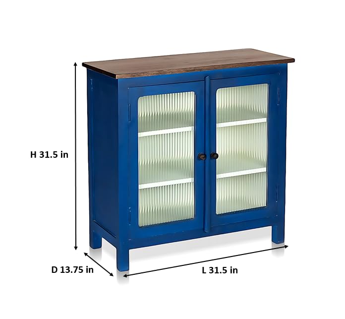 Image of APRODZ 2 Door Cabinet with Wicker Front 2 Shelves | Mango Wood Storage Organizer | Rustic Durable Stylish Wooden Furniture | Compact Design Home Decor (Blue & Off White)