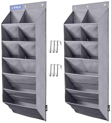 FENTEC 2 Pack Over the Door Shoe Organizer, Hanging Shoe Organizer, 6-Tier Large Deep Pockets Door Shoe Rack with 3 Hooks Shoe Organizer for Shoes, Sneakers, and Home Accessories, Grey
