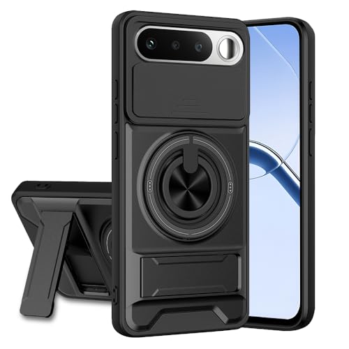 Image of Realme 16 5G Back Cover | Armor Camera Slider 360 Degree Rotating Finger Ring Holder Case with Bracket Stand Back Case Cover (Compatible with MagSafe Accessories) (Black)