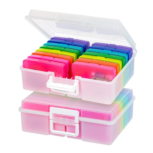 Image of IRIS USA 4 inch x 6 inch |Made in USA| 2-Pack Photo Organizers and Picture Storage Box with Handle, 16 Inner Cases /Containers for Tasks, Stickers, Ephemera, & Flashcards - Pearl /Multi-Color