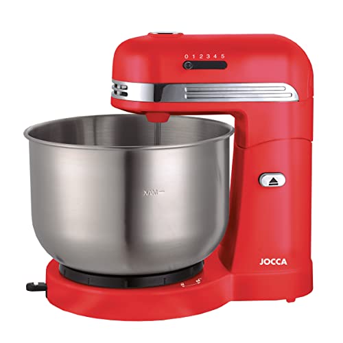 Jocca - Batidora Amasadora 350W con Bowl Acero Inoxidable 3,5L, 5 Velocidades, Sistema Autorrotacion por Friccion, Varillas para Batir y Amasar, Rojo
