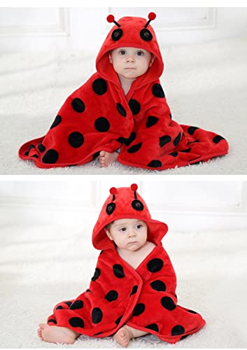 Image of TONWHAR 0-4 Years Toddlers' And Kids' Boys Girls Animal Face Hooded Blanket Baby's Bathrobe,Plush After Bath Blanket(Ladybug)