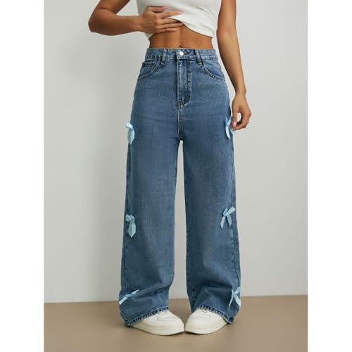 Bow Jeans for Woman Teen Girls Baggy Jeans High Waisted Straight Leg Pants2
