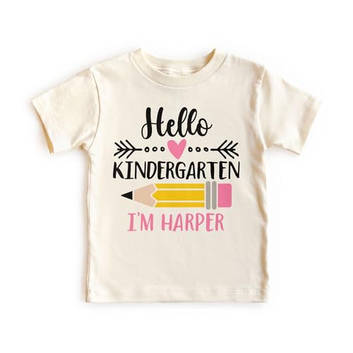 Hello Kindergarten Personalized Shirts For Girls - Custom Name Back To School Pencil Outfit - Cute Gift For First Day Of School Announcement - Natural Toddler & Youth T-Shirt