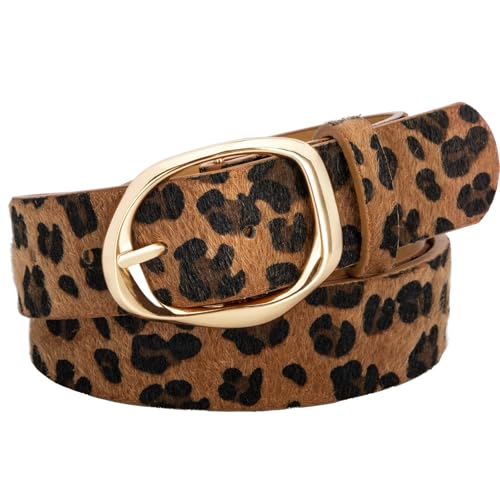 Women’s Leopard Print Leather Belts for Women, Cheetah Print Belt with Gold Buckle, Width 1.46