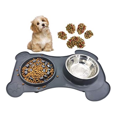 Slow Feeder Dog Bowls, Silicone Mat with 15 Strong Sucker Stainless Steel Bowl Non-Toxic Eco-Friendly Collapsible Removable Premuim Water Bowl for Small Cats Dogs and Pets Color Gray by Jell-Cell Cover