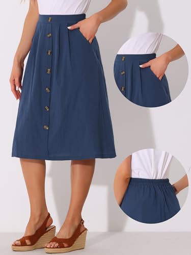 Allegra K Midi Skirts for Women Casual High Elastic Waist Button Pleated Linen A Line Skirts with Pockets2