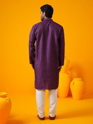 Image of SOJANYA (Since 1958 Men's Silk Bend Krochet Thread Embroidered Kurta with White Pyjama