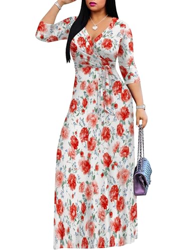 Image of Women's V Neck Floral Maxi Dress 3 /4 Sleeve Plus Size Boho Wrap Flowy Long Dresses with Belt