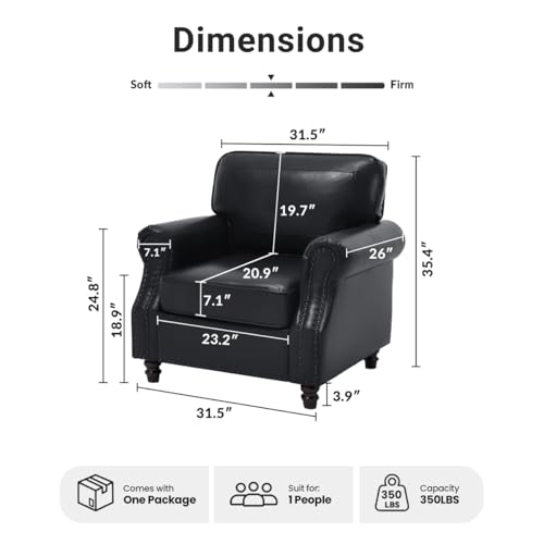 Image of Kingfun Loveseat 2 Seater Couch with Chair, Mid Century Modern Faux Leather Sofa Set with Rolled Arms and Deep Seats, Fluffy Comfort for Living Room, Apartment, Easy Assembly,Black