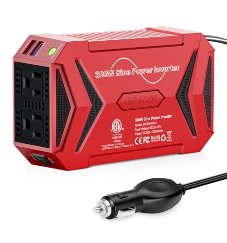 Image of BESTEK Pure Sine Wave Power Inverter - 300W Car Plug in Charger Outlet DC 12V to 110V AC - Cigarette Lighter Adapter 4.8A Dual USB Fast Charging Ports for Laptop - Aluminum Housing - Red