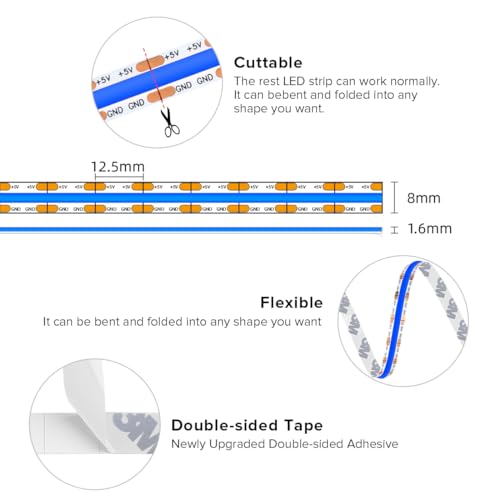 Image of BTF-LIGHTING FCOB COB LED Strip Lights 5V USB Powered Blue Color for TV