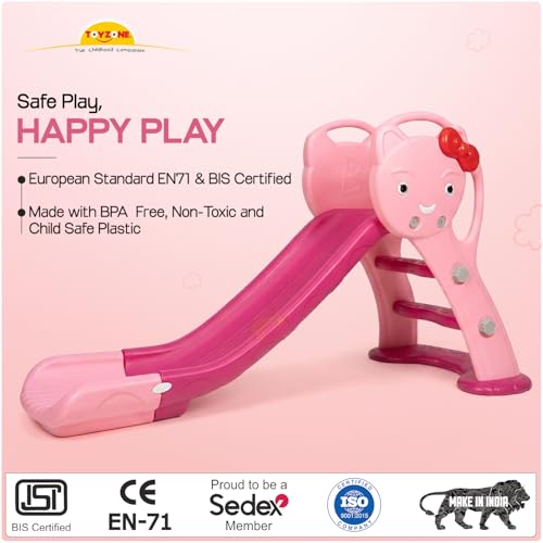 Image of Toyzone Happy Cat Slide for Kids | Baby Play Slide | Indoor & Outdoor Kids Slider | Easy Assembly | Safe Rounded Design | BIS Certified | Made in India | Kids Slide for 2-8 Years, Upto 70 kgs