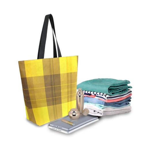 Extra Large Shoulder Tote Bag for Beach Travel Weekender Gym Yellow Brown Plaid Pattern Reusable Grocery Canvas Shopping Bag3