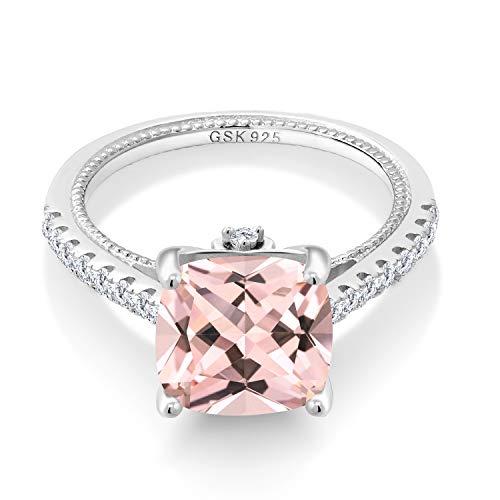 Gem Stone King 4.59 Cttw Peach Simulated Morganite and White Created Sapphire Engagement Ring For Women | 925 Sterling Silver | Cushion Cut 10MM | Available in size 5, 6, 7, 8, 9