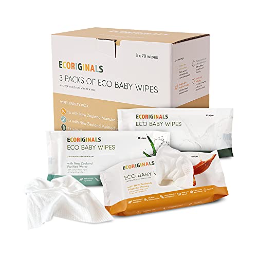 Ecoriginals Baby Wipes, Variety Pack, 100% All Natural Bamboo Disposable Wet Wipes (3 Pack: 1 Honey, 1 Goat Milk, 1 NZ Water)