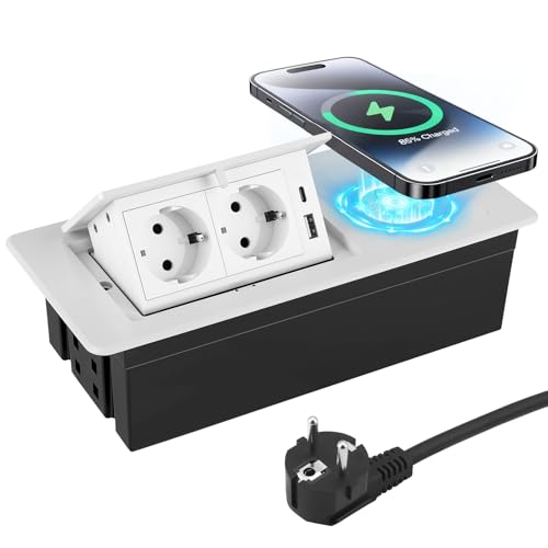 Versenkbare Steckdose mit USB, Einbau Steckdosenleiste mit Kabellosem Ladegerät, Softöffnung, Aluminium Spritzguss, 1,8m Anschlusskabel, Einbausteckdose für Küche, Schreibtisch, Konferenztisch (Weiß)