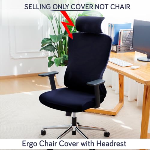 Image of HOKIPO 140 GSM Office Chair Cover with Headrest (High-Back) - 140 GSM Stretch Fabric - Washable, Anti-Slip Fit for Ergonomic Mesh Office Chairs, Midnight Blue (AR-6704-BL)