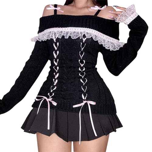 Women Y2k Off The Shoulder Sweater Lace Trim Long Sleeve Knit Pullover...