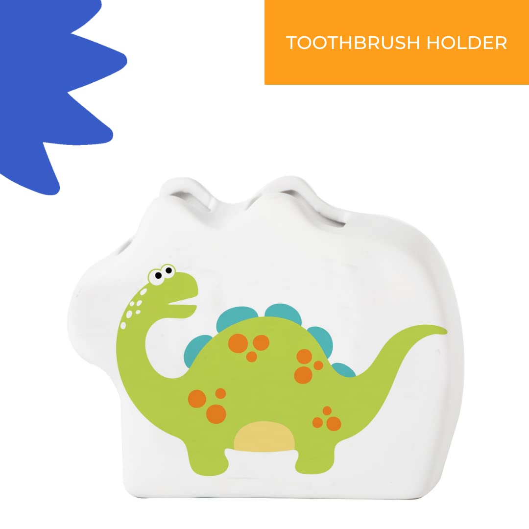 Juego de baño de dinosaurio para niños – 3 piezas divertidos accesorios de baño para niños, incluyendo soporte para cepillo de dientes, dispensador de jabón y taza – Adorable decoración