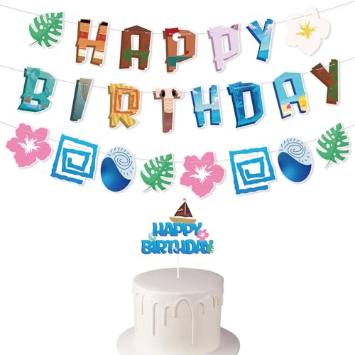 Birthday Party Decorations Set, Happy Birthday Banner & Cake Topper Happy Birthday Letter Sign Garland for Hawaiian Tropical Luau Summer Beach Party Decorations