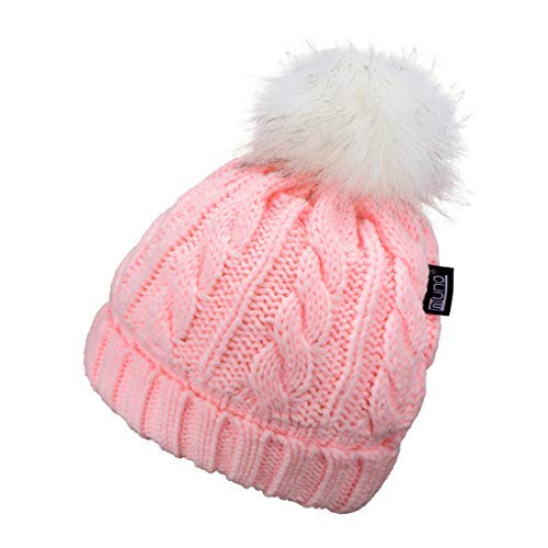 Miuno® Mk1162 Bonnet à pompon en fourrure synthétique, pour enfant, chapeau tricoté, torsadé avec doublure en peluche, Rose, Taille unique Cover