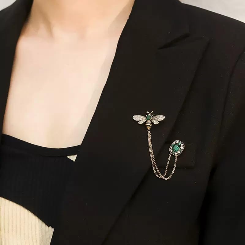 Image of Dreuyet Honey Bee Brooches for Women Men CZ Crystal Cute Bee With Hanging Chain Tassel Badge Suit Collar Brooch Lapel Pin Vintage Insect Themes Hanging Brooches Pins Accessories