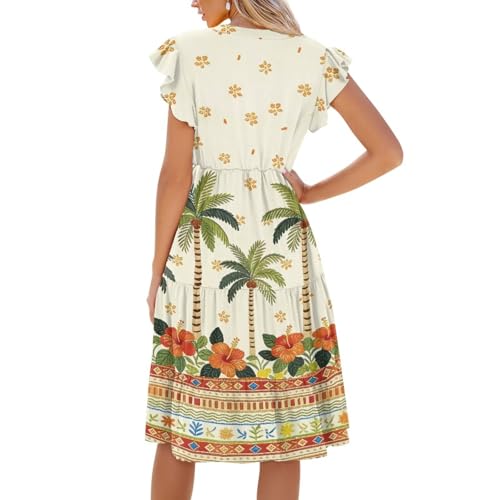 Image of Women's Casual Ruffle Sleeve Dress V Neck Pullover Dress Flowy A-Line Pleated Lightweight Dress with Pockets