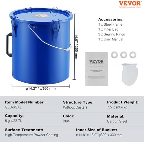 VEVOR フライヤーグリースバケツ オイルディスポーザーキャディ カーボンスチールフライヤーオイルバケツ 防錆コーティング付き オイル輸送コンテナ 蓋付き ロッククリップ (ブルー、6ガロン(22.7L))