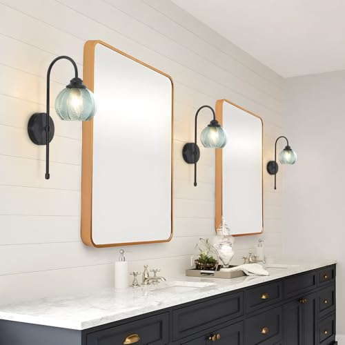 Image of KCO Lighting Mid Century Modern Wall Sconce Matte Black Vintage Bathroom Light Fixture Green Glass Globe Wall Light Hallway Indoor Sconces Wall Lighting Set of 2