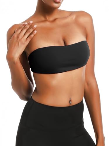 Image of Women's Padded Bandeau Strapless Sports Bra Tube Top Wireless Non-Slip Seamless Stretchy Workout Bralette