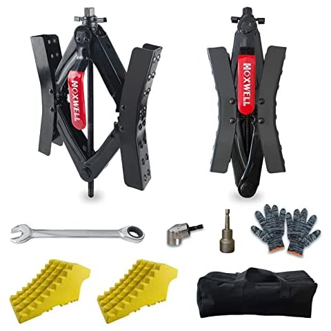 RV Camper Chocks Wheel X Stabilizer Sets for Travel Trailers, Wheel Chock Scissor 2 Sets Tire Locking Chocks Accessories with Wrench (3.5“-12”), hex socket, drill bit, And 2 Pcs RV Yellow Wheel Chocks Cover