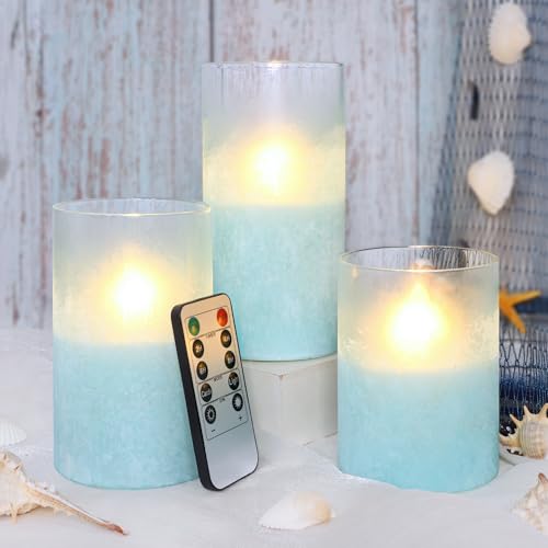 Image of Glass Flameless Candles with Timer, Battery Operated Flickering Led Pillar Candles, Turquoise Candles for Home Decorations, Centerpiece, Nautical Theme Party