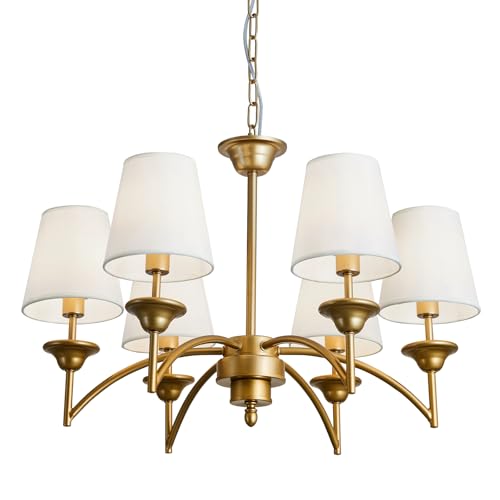 Image of 6 Light Chandelier with White Linen Fabric Shades Modern Gold Pendant Ceiling Light Fixture Dining Room Hanging Light for Hallway Kitchen Bedroom Entryway Foyer.