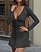 GCZREN Women Sexy Deep V Neck Button Front Knit Mini Dress Elegant Long Sleeve Ribbed Flowy Hem A-Line Short Dresses(M,Black)
