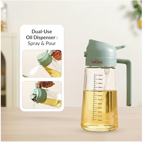 Image of Nestasia 2 in 1 Oil Sprayer & Dispenser Glass Bottle for Kitchen (470ml) - Vinegar & Olive Oil Bottle with Measuring Spoon for Healthy Cooking, Salad Dressing, Air Fryer, BBQ & Grilling (Sage Green)