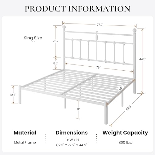 Image of SHA CERLIN King Size Metal Platform Bed Frame with Victorian Vintage Headboard /Under Bed Storage /No Box Spring Needed /Easy Assembly /Noise Free /Mattress Foundation /White