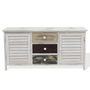 Rebecca Mobili Commode Multi-Usage en Blanc, Banc de Rangement Blanc en Bois, 3 Tiroirs 2 Portes, Bois de Paulownia, Shabby Chic, Salon Entree – Dimensions: 44 x 90 x 34 cm (HxLxL) – Art. RE4218