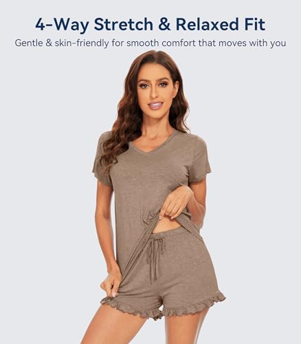 Image of WiWi Womens Pajamas Set Bamboo Viscose Super Soft Short Sleeve Top Ruffle Shorts Sleepwear Cooling Pj Sets S-XXL