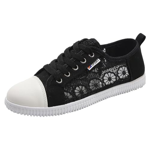 Jamron Femme Filles Été Broderie Dentelle Plimsolls Baskets à Lacets Maille Sneakers Chaussures Noir SN0704108 EU38.5