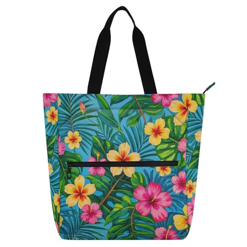Decorative Children's Book Tote Bag for Kids Adults, Colorful Summer Hawaiian Flowers Large Library Book Bag Shoulder Bag with Zipper for School Shopping Beach Rainbow bolso para libros