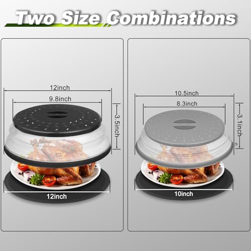 MAGJIUKE 12"&10" Microwave food Cover and Mat,Large Vented Collapsible Splatter Guard dish Plate lid & Silicone Round Kitchen mat,4 in 1