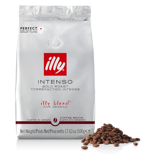 illy Intenso Coffee Beans 100% Arabica Blend Dark Roast Intensity 7/9 Bold & Full-Bodied with Cocoa & Dried Fruit Notes Suitable for Bean to Cup & Fresh Grinding 500g Refill Pouch